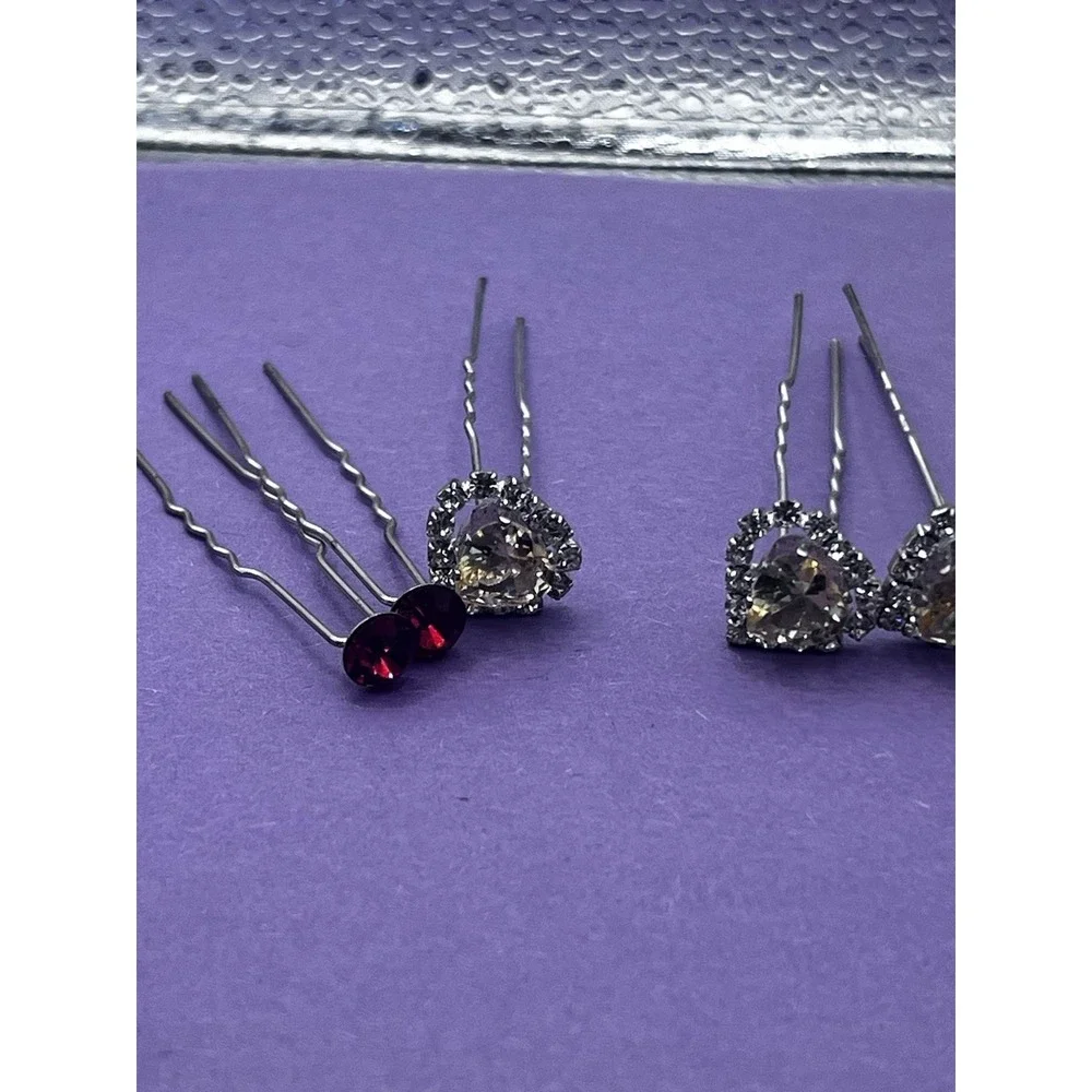 Lovely Vtg Rhinestone‎ Hair Pins Fork Stick LOT of 5 Multi Color Arts Heart